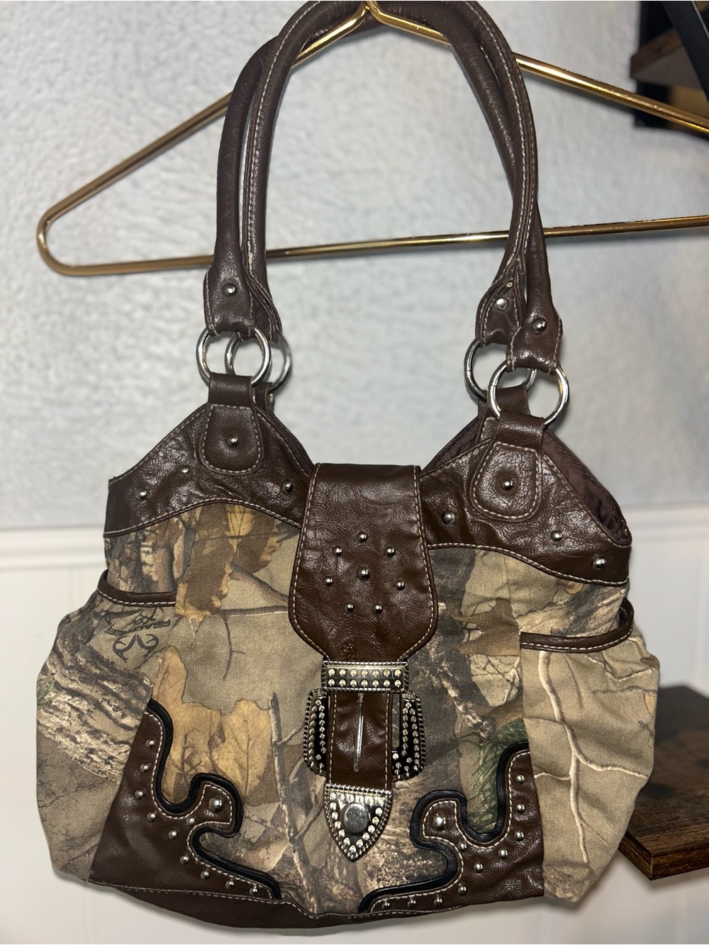 Realtree Brown Camouflage Accent Tote Bag with Rhinestone Studded Buckle Y2K
